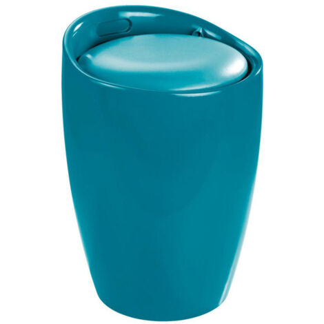 Tabouret Panier à Linge Coffre à Linge et tabouret Salle de Bain Candy WENKO, Coussin Amovible, filet linge amovible 20l , Plastique ABS résistant 120kg, d36x50,5cm, turquoise
