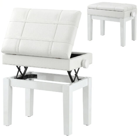 Tabouret piano blanc coffre intégré, hauteur réglable, assise similicuir, bois hévéa