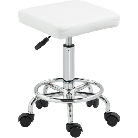 Tabouret pivotant réglable repose-pieds rembourrés, roues, salons/ateliers, 34x34x50-66 cm, blanc