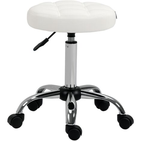 Tabouret pivotant, tabouret salon, hauteur réglable, faux cuir, design matelassé, Ø35,5 x 48-63 cm, Blanc/Argent