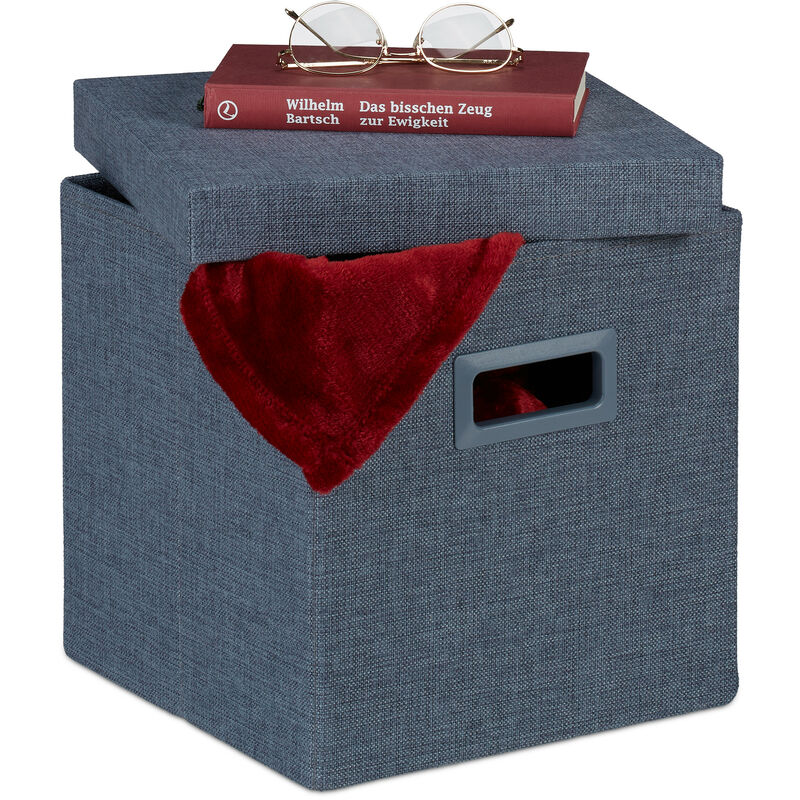 Tabouret pliable, avec couvercle et poignées, pouf de rangement, HxLxP : 29,5x29,5x29,5 cm, bleu-gris - Relaxdays