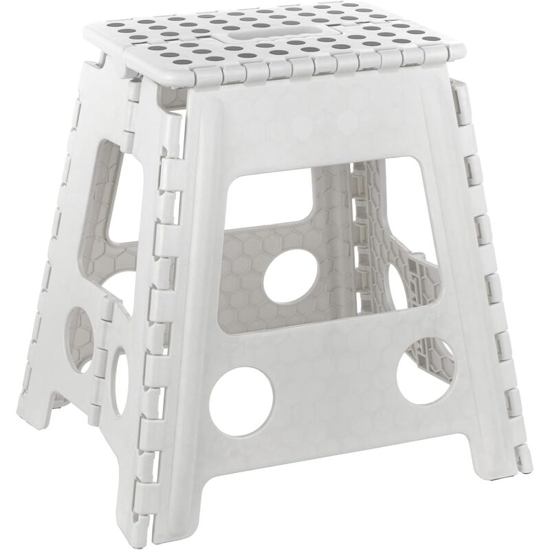 Tabouret pliable PVC taille L 29×22×39 cm, 130 kg, léger et sécurisé, blanc