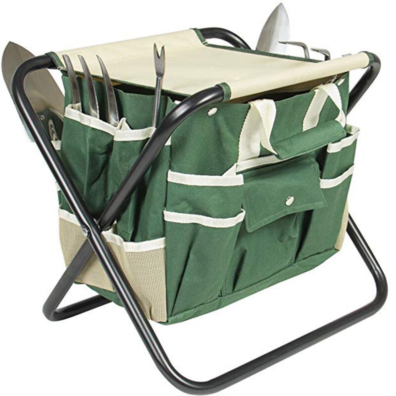 Tabouret pliant avec un sac et un ensemble d'outils de jardin