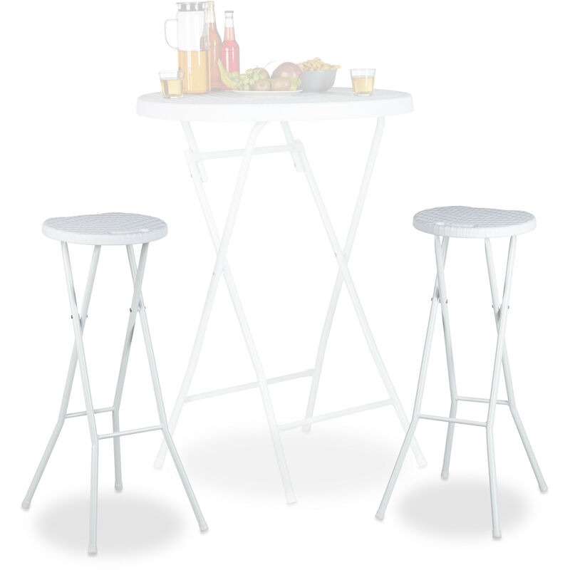 Tabouret pliant de jardin bastian lot de 2 sans dossier résistant hauteur 80 cm chaise de bar plastique optique rotin, blanc - Relaxdays