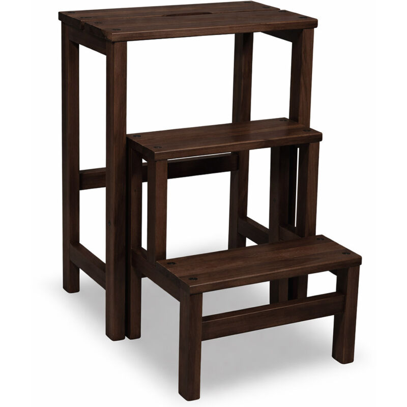 Tabouret pliant en bois gain de place à 3 marches, couleur noyer foncé
