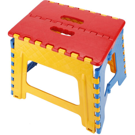 Tabouret pliant portable pour enfants, surface rouge 32x22.5x30 cm, chaise compacte et légère.