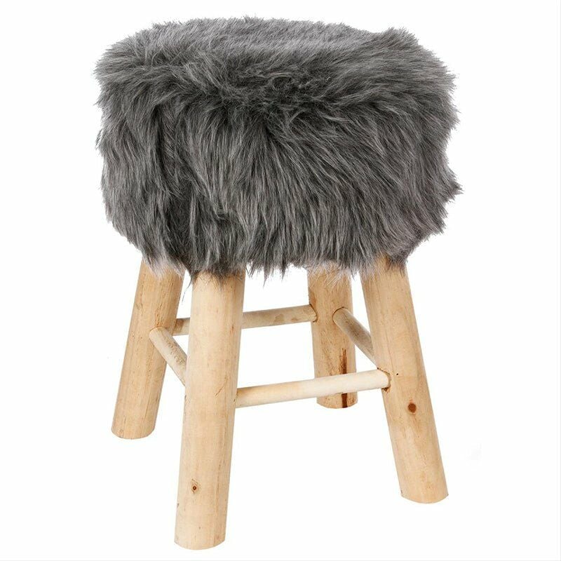 Tabouret Pouf Effet Fourrure Pieds en Pin - Gris - SILUMEN