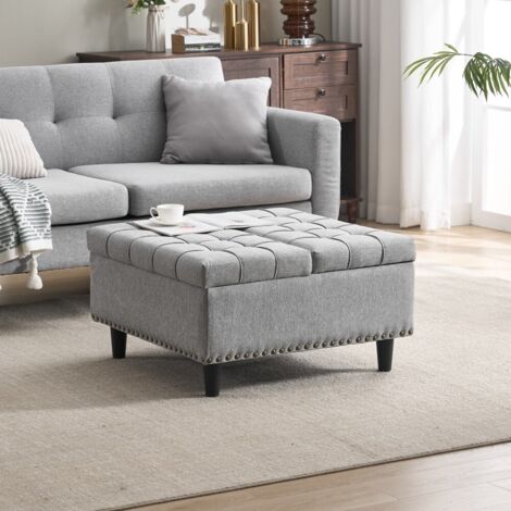 Tabouret-Pouf-Rangement-Carré-Banc-Relevable-Gris-Accueil-Salon-Chambre-75x75x41(cm)