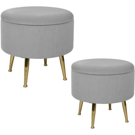 Tabouret pouf rond tissu gris pieds dorés TIM (lot  de 2)