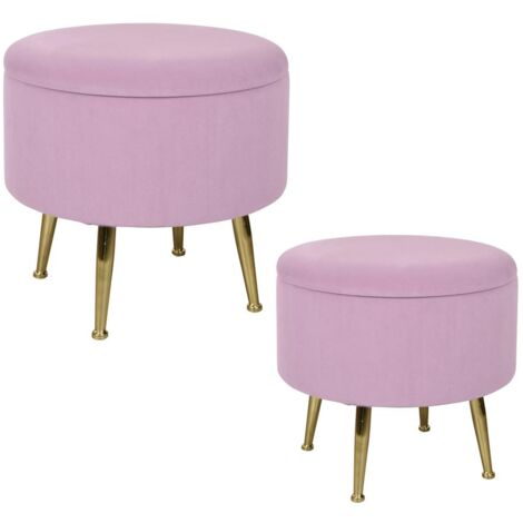 Tabouret pouf rond tissu rose pieds dorés TIM  (lot  de 2)