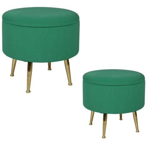 Tabouret pouf rond tissu vert pieds dorés TIM (lot  de 2)
