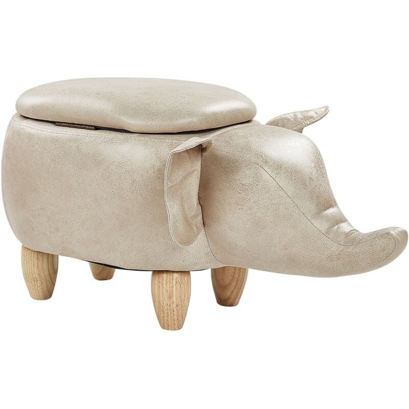 Tabouret pour Enfant avec Rangement en Cuir pu Taupe et Bois d'Hévéa Rembourrage en Mousse Elephant