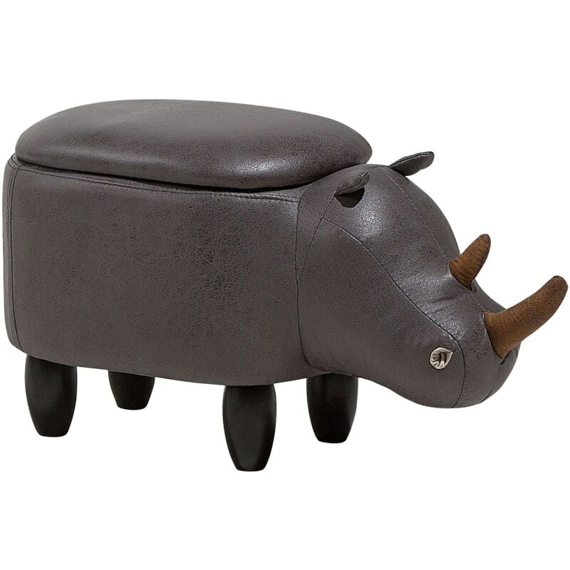 Petit Tabouret Pouf pour Enfant 35 cm de Hauteur en Forme de Rhinocéros Cuir pu Gris Foncé avec Coffre de Rangement et Pieds en Bois Beliani