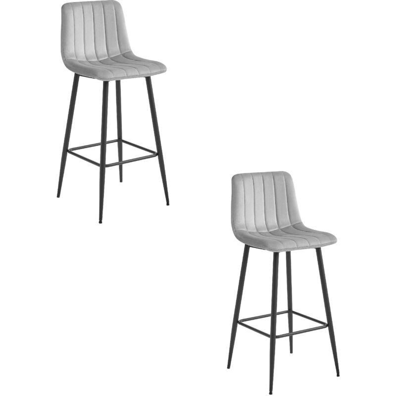 Tabouret POZZA - velours gris argenté / pieds noirs x 2