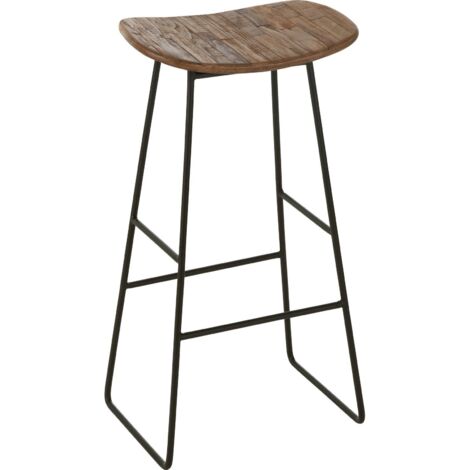 Tabouret rectangulaire teck recyclé naturel style industriel - Teck foncé et métal noir