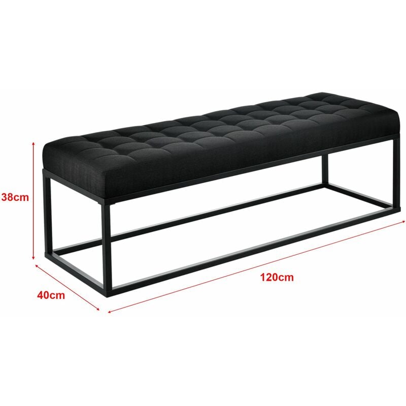 Tabouret rembourré banc banquette avec pieds métalliques housse textile 120 cm noir