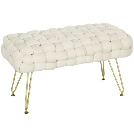 Tabouret rembourré velours blanc crème, pieds métal, 76×38×41,5 cm