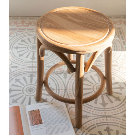 Tabouret rond 34x34x50 cm en bois de teck naturel