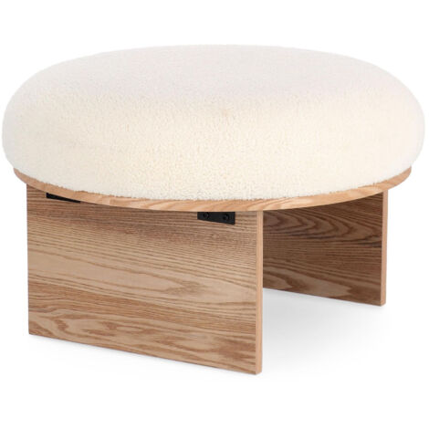 Tabouret rond 61x38,5 cm en tissu bouclette blanc et décor naturel