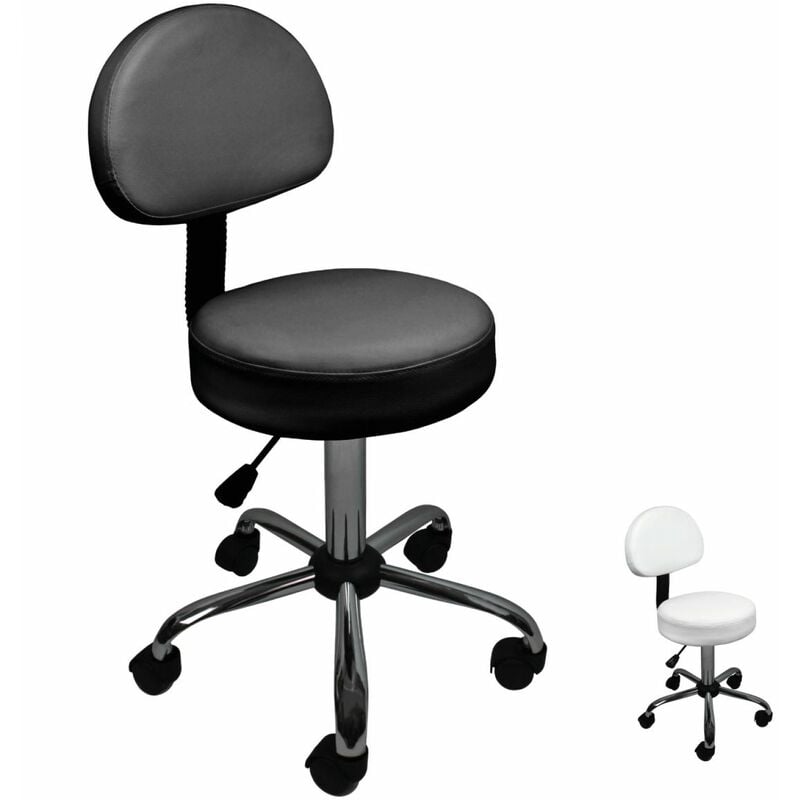 Tabouret rond à roulettes avec dossier réglable en hauteur de 50 à 64 cm et pivotable à 360° - Noir Vivezen Noir