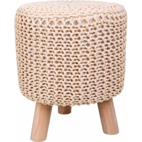 tabouret rond crème en bois et coton style bohème - crème naturel et bois clair