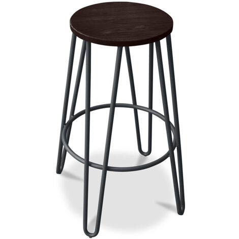 Tabouret rond - Design industriel - Bois et métal - 66cm - Hairpin Gris foncé