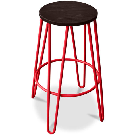 Tabouret rond - Design industriel - Bois et métal - 66cm - Hairpin Rouge