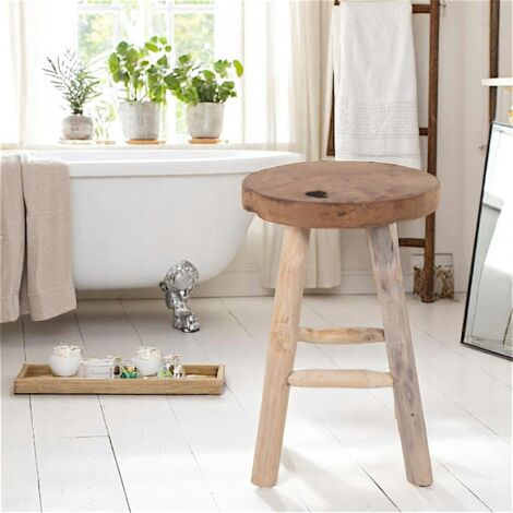 Tabouret rond en bois de teck avec 4 pieds - style campagne ARIZONA