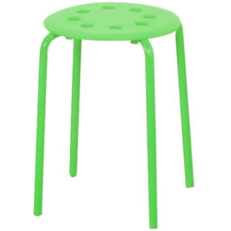 Tabouret rond en plastique coloré, 8 trous, structure tubulaire en acier, stable et empilable, vert, idéal pour le salon et la salle à manger.