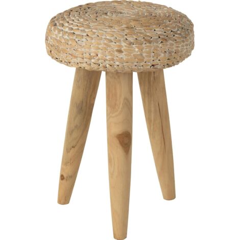 Tabouret rond en teck et jacinthe d eau blanc naturel - Bois naturel et blanc patiné