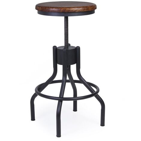 Tabouret rond industrielle hauteur réglable fer noir et bois de manguier marron Kouba