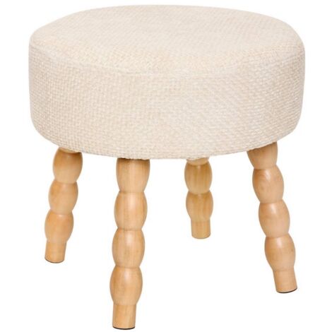 Tabouret rond rembourré tissu crème et pieds en bois - Diamètre 39 x Profondeur 38 x Hauteur 38 cm