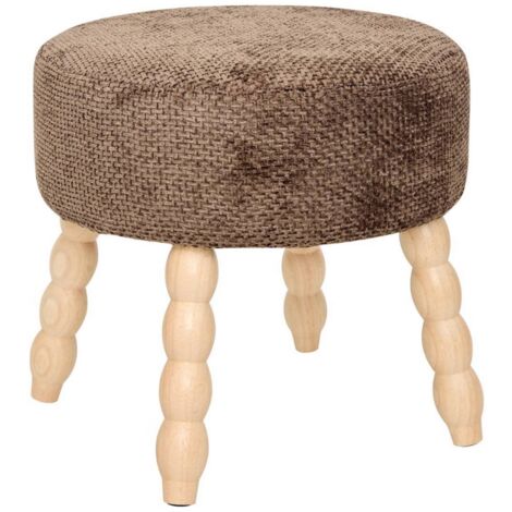 Tabouret rond rembourré tissu marron et pieds en bois - Diamètre 39 x Profondeur 38 x Hauteur 38 cm