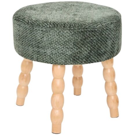 Tabouret rond rembourré tissu vert et pieds en bois - Diamètre 39 x Profondeur 38 x Hauteur 38 cm