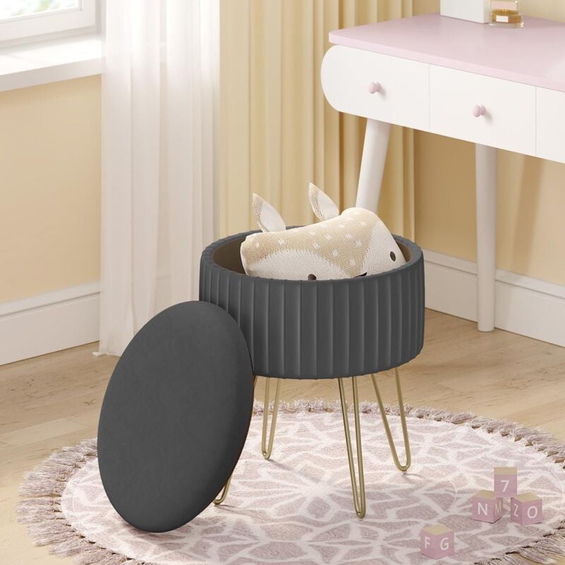 Tabouret Rond Woltu Siège Rangement, Couvercle Rembourré en Velours Hollandais, Pieds en Métal, φ31,5xH37,5cm, Gris foncé