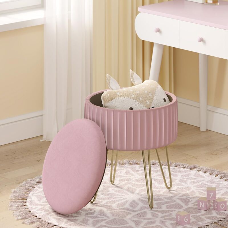 Tabouret Rond Woltu Siège Rangement, Couvercle Rembourré en Velours Hollandais, Pieds en Métal, φ31,5xH37,5cm, Rose Clair