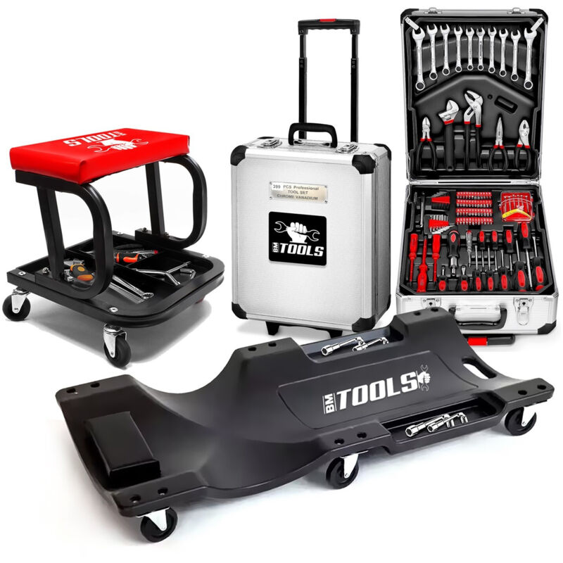 Tabouret Roulant BM TOOLS, Plateau Outils de Rangement avec Chariot de visite et Valise 399 outils, PACK Garagiste, Mécano Auto