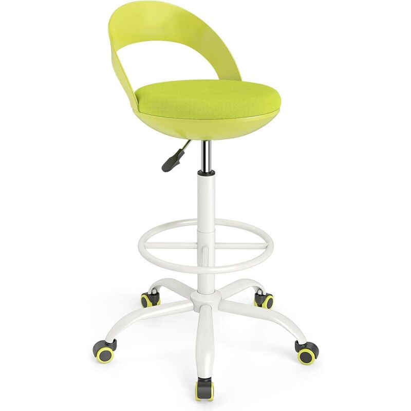 Tabouret Roulant Rond avec Repose-Pieds, Hauteur d'Assise 70-82 cm, Pivotant 360 °, Fauteuil de Bureau avec Soutien Lombaire, pour Studio, Vert