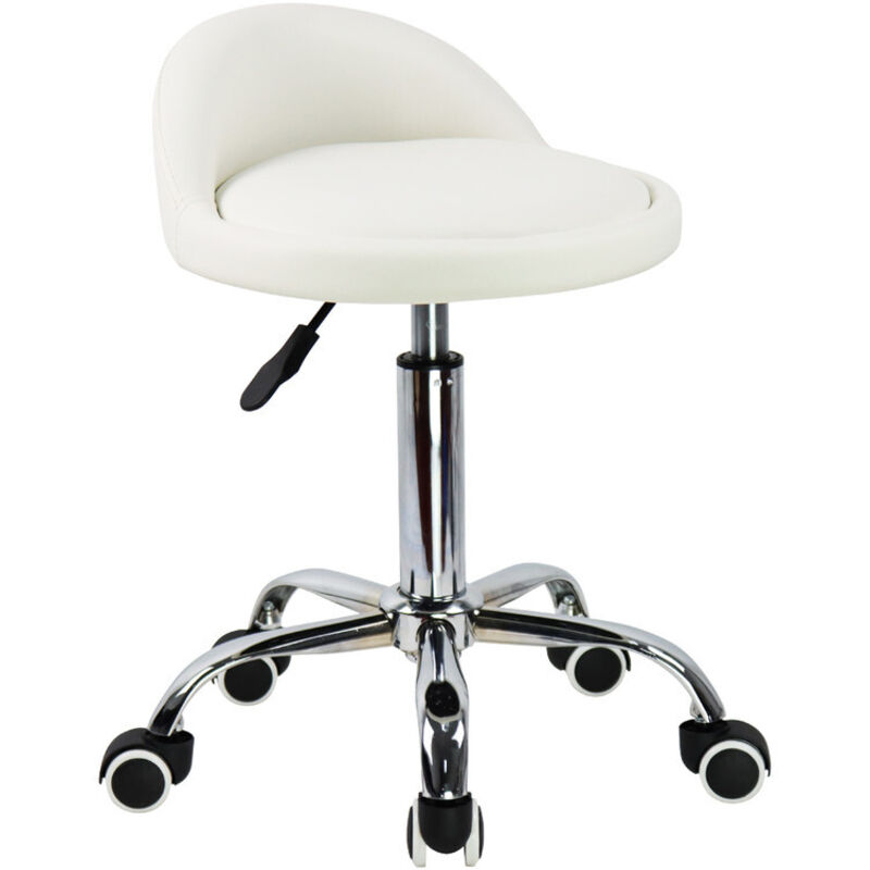 Tabouret à roulettes de bureau réglable 46-62cm – Cuir synthétique blanc – Assise étanche et facile d'entretien – Charge max 135kg – Kktoner
