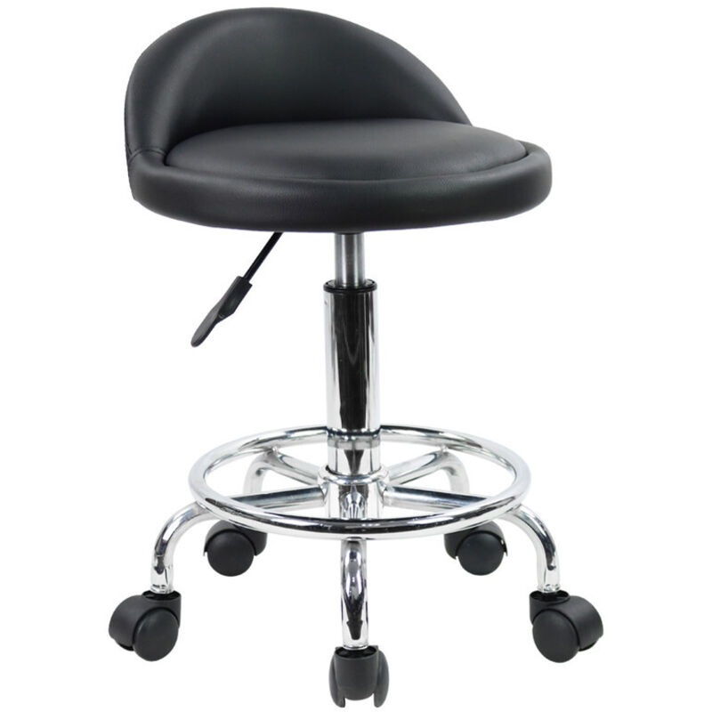 Tabouret à roulettes de Bureau Tabouret de Travail réglable en Hauteur 48-64 cm en Cuir synthétique avec Repose - Pieds Noir - KKTONER