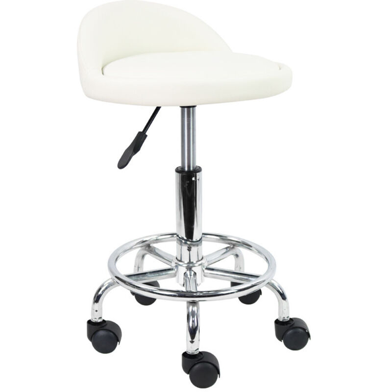 Tabouret à roulettes de Bureau Tabouret de Travail réglable en Hauteur 48-64 cm en Cuir synthétique avec Repose - Blanc - KKTONER