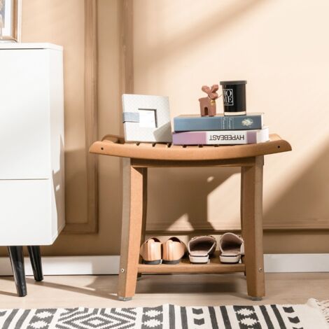 Tabouret Salle de Bain 2 Niveaux en PEHD Étanche Banc de Douche Antidérapants Siège Incurvé Charge 150kg 60,5x34x48cm Café