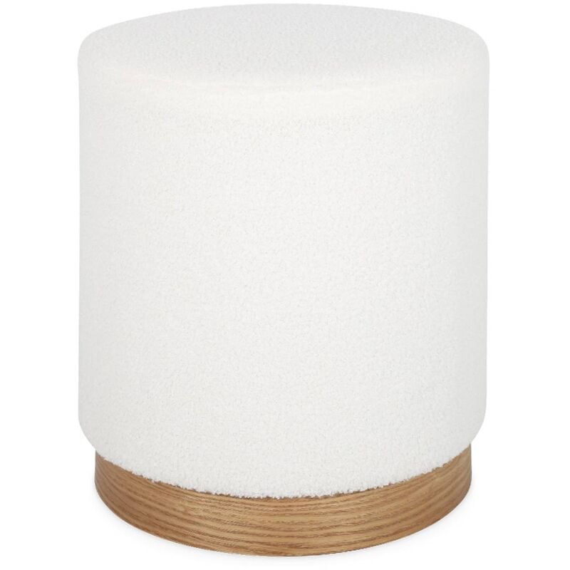 Tabouret scandinave rond en bouclettes blanches structure bois de sapin Ø40 x h 45cm