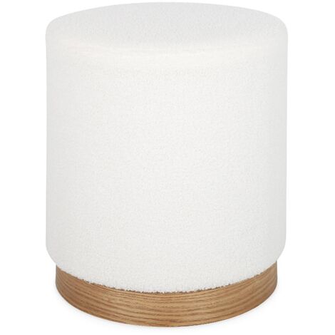 Tabouret scandinave rond en bouclettes blanches structure bois de sapin Ø40 x H 45cm