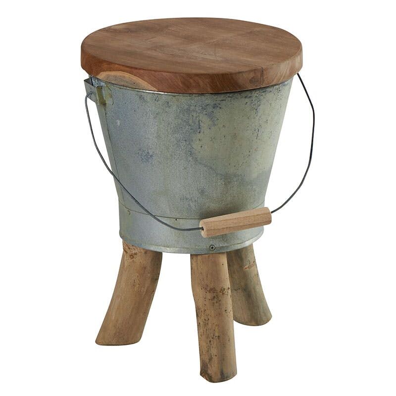 Pier Import - Tabouret 'Seau' avec anse en teck massif naturel et zinc D31cmxH45cm town