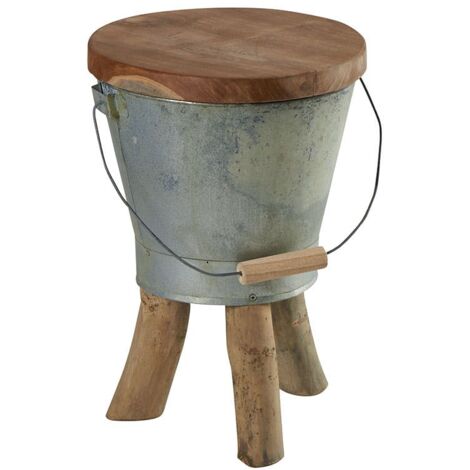 Tabouret "Seau" avec anse en teck massif naturel et zinc D31cmxH45cm TOWN