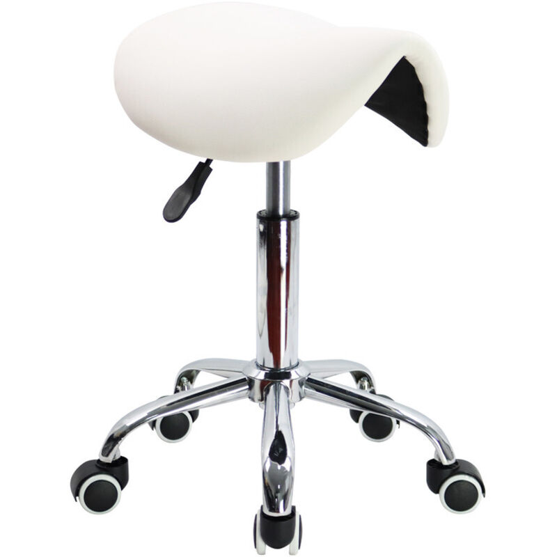 Tabouret Selle de Cheval réglable en hauteur 45-61 cm – Cuir PU blanc – 5 roulettes pivotantes – Capacité 136 kg – Kktoner