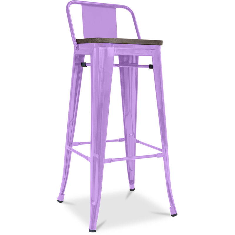 Privatefloor - Tabouret de bar design industriel avec dossier - Bois et acier - 76cm - Stylix Violet Clair