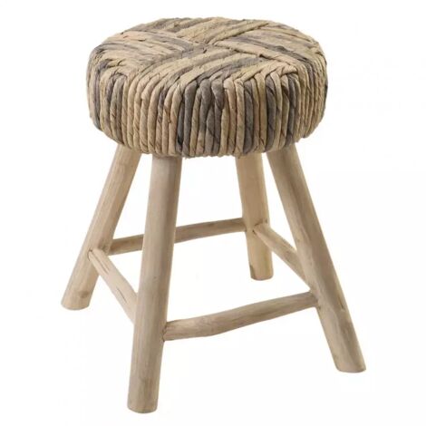 Tabouret/Table d'appoint artisanal en bois de teck et tressage - TRESA