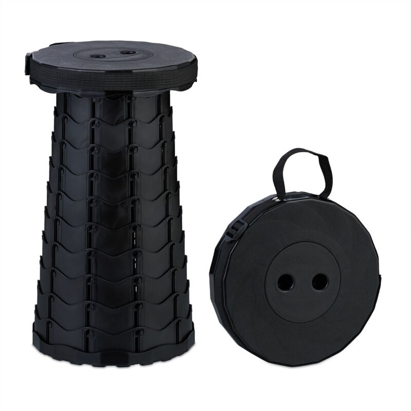 Tabouret télescopique, hlp : 44,5x25x25, réglable, avec bandoulière, siège rétractable, noir - Relaxdays
